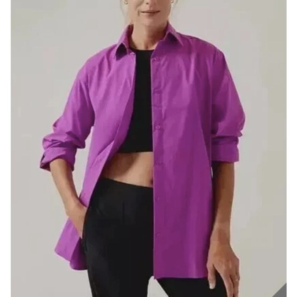 Athleta Performance Poplin Top Oversized Button Front Purple Women Size XS